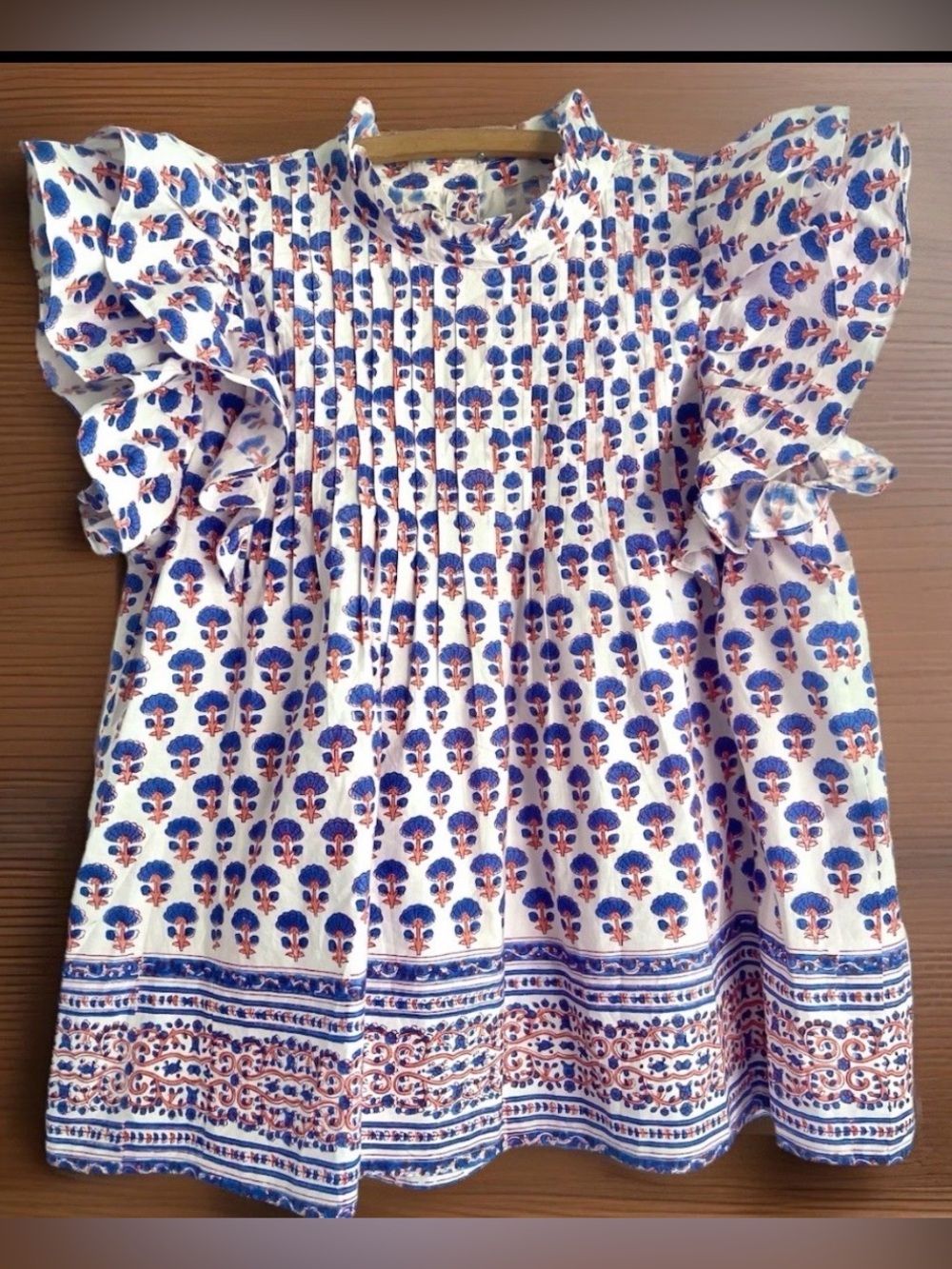Oliphant XL Ruffle Pintuck Top Block Print Periwinkle Orange Cotton Flutter